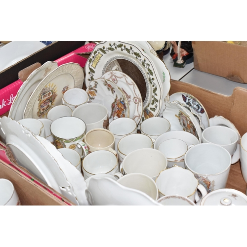 982 - FOUR BOXES OF  ROYAL COMMEMORATIVE CERAMICS,  to include a large quantity of mugs, shaving mug, beak... 