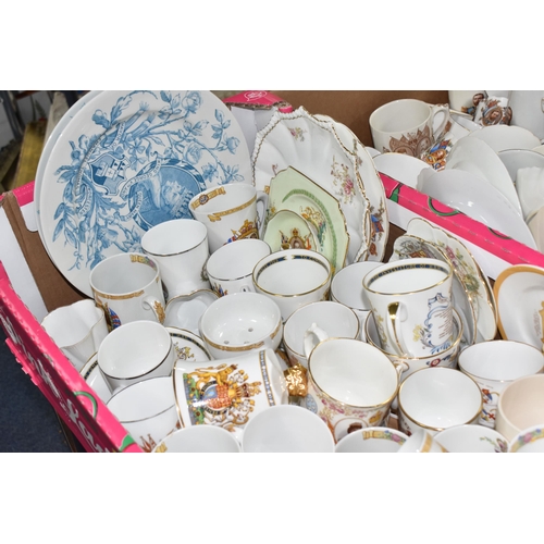 982 - FOUR BOXES OF  ROYAL COMMEMORATIVE CERAMICS,  to include a large quantity of mugs, shaving mug, beak... 