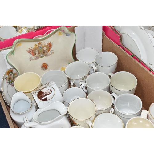 982 - FOUR BOXES OF  ROYAL COMMEMORATIVE CERAMICS,  to include a large quantity of mugs, shaving mug, beak... 