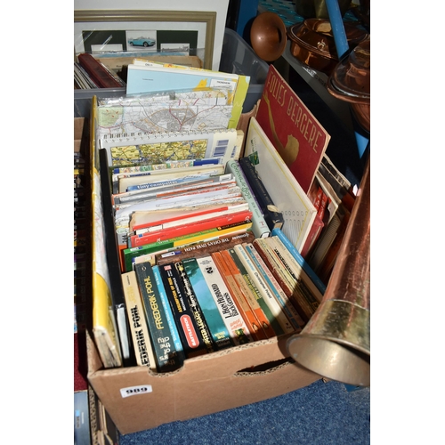 989 - FIVE BOXES OF BOOKS, MAPS, DVDS, VHS TAPES & MAGAZINES, the books are mostly in paperback format wit... 