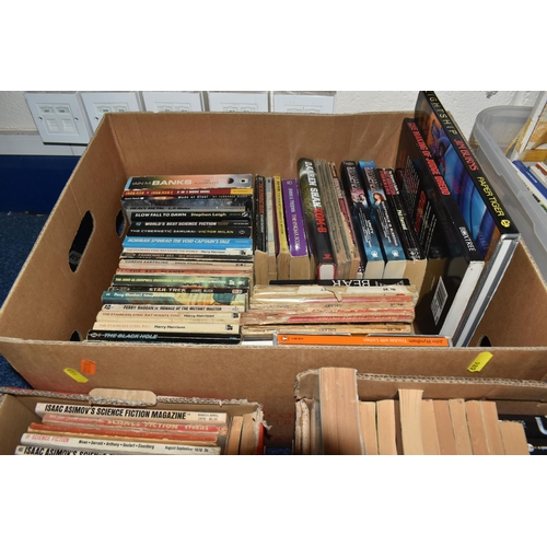 989 - FIVE BOXES OF BOOKS, MAPS, DVDS, VHS TAPES & MAGAZINES, the books are mostly in paperback format wit... 