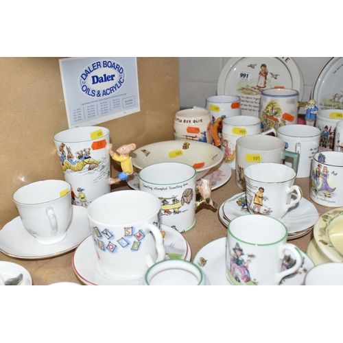 991 - A COLLECTION OF NURSERY WARE CUPS, SAUCERS AND BOWLS ETC, to include a Tuscan China cup and saucer h... 