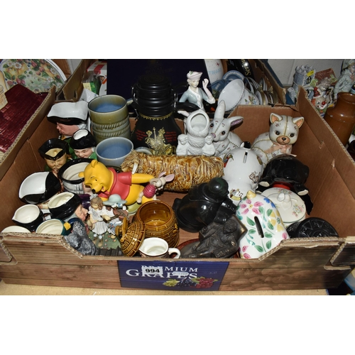 994 - THREE BOXES OF CERAMICS AND ORNAMENTS, to include a boxed Royal Worcester cheese platter/cake plate,... 