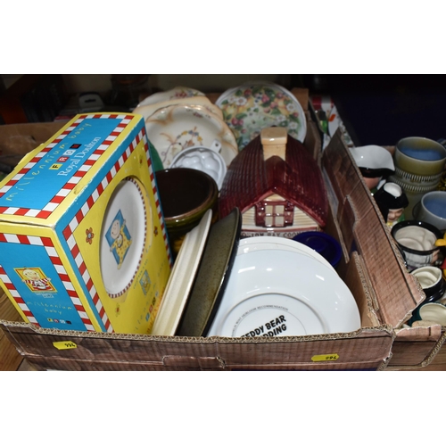 994 - THREE BOXES OF CERAMICS AND ORNAMENTS, to include a boxed Royal Worcester cheese platter/cake plate,... 