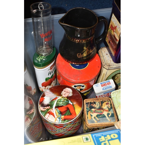 764 - TWO BOXES OF VINTAGE ADVERTISING ITEMS, to include Taylor's of Harrogate Yorkshire Tea teapot and mi... 