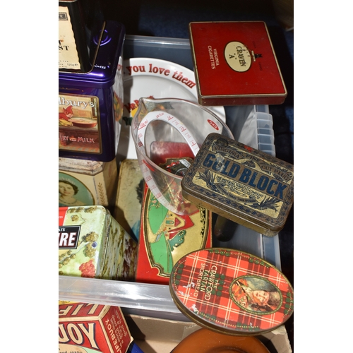 764 - TWO BOXES OF VINTAGE ADVERTISING ITEMS, to include Taylor's of Harrogate Yorkshire Tea teapot and mi... 