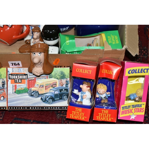 764 - TWO BOXES OF VINTAGE ADVERTISING ITEMS, to include Taylor's of Harrogate Yorkshire Tea teapot and mi... 