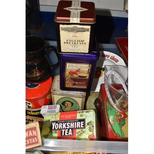 764 - TWO BOXES OF VINTAGE ADVERTISING ITEMS, to include Taylor's of Harrogate Yorkshire Tea teapot and mi... 