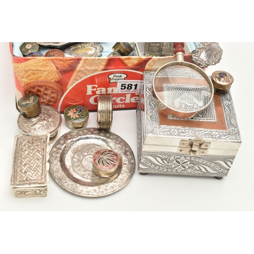 581 - A BOX OF ASSORTED WHITE METAL ITEMS, to include a cigarette case, an assortment of napkin rings, con... 