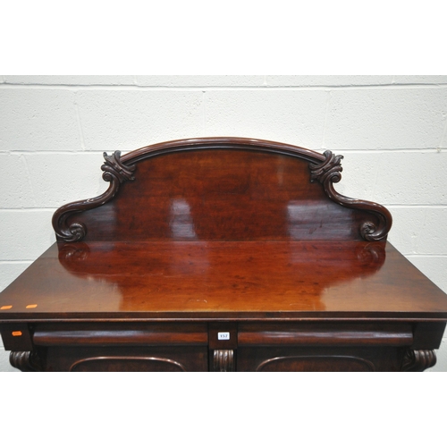 157 - A 19TH CENTURY MAHOGANY SIDEBOARD, with a scrolled raised back, two drawers over double cupboard doo... 