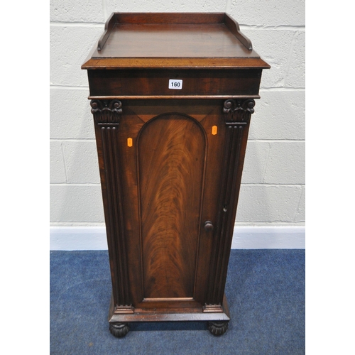 160 - A REGENCY MAHOGANY POT CUPBOARD, with raised gallery back and sides, the single cupboard door with p... 