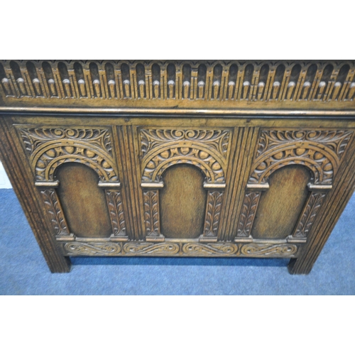 164 - A 20TH CENTURY OAK BLANKET CHEST, with repeating patterns, width 100cm x depth 48cm x height 77cm, c... 