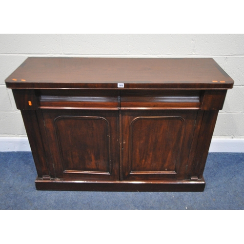 165 - A 19TH CENTURY MAHOGANY SIDEBOARD, fitted with two drawers, over double cupboard doors, width 120cm ... 