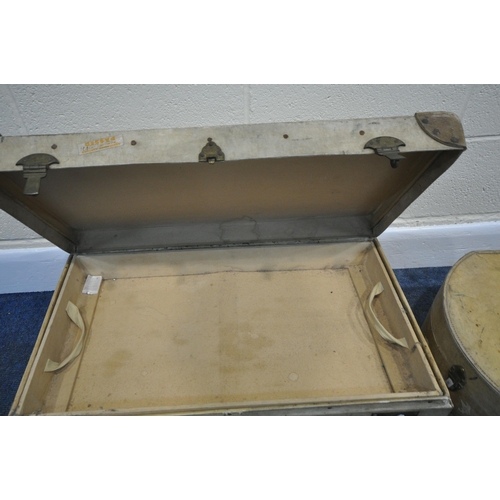 208 - THREE PIECES OF VINTAGE LUGGAGE, to include a suitcase, a hat box, and a shoe trunk, condition repor... 