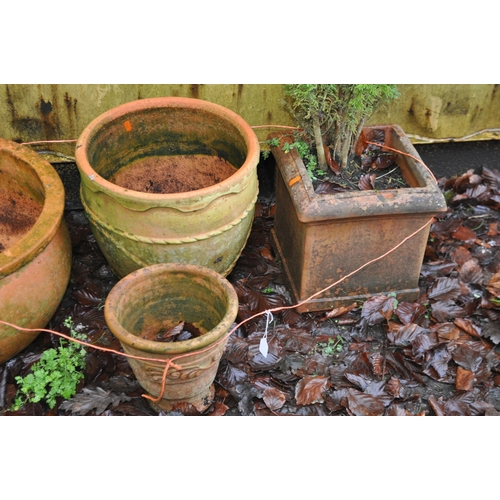 17 - A SELECTION OF WEATHERED TERRACOTTA PLANTERS, including a 30cm square planter with a conifer  plante... 