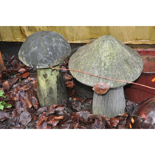 18 - A SELECTION OF GLAZED PLANT POTS AND MUSHROOMS including a wooden and composite mushrooms, three cer... 