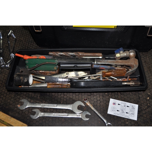 55 - A PLASTIC TOOLBOX CONTAINING TOOLS including spanners by Gordon, Geodore, etc, hammers, saws, mole g... 