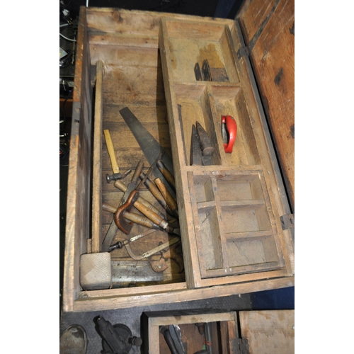 74 - AN EARLY 20th CENTURY PINE TOOLCHEST with sliding and lift away inserts containing tools width 97cm,... 