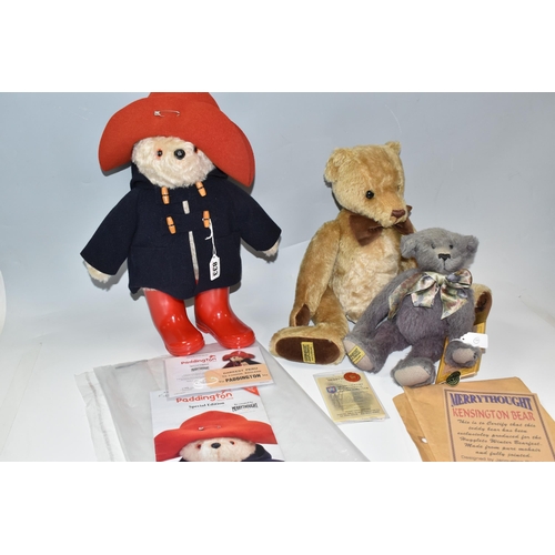 833 - THREE LIMITED EDITION MERRYTHOUGHT BEARS, a Merrythought for Danbury Mint Paddington Bear, No.179 of... 