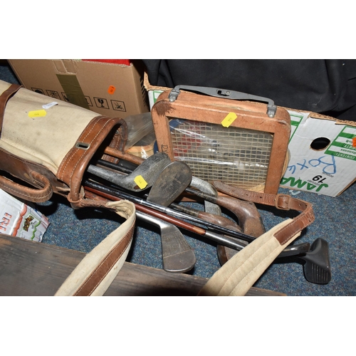 844 - ONE BOX AND LOOSE VINTAGE MISCELLANEOUS SPORTS AND GAMES EQUIPMENT ETC to include a box marked 'Haml... 