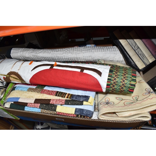 848 - THREE BOXES AND LOOSE MISCELLANEOUS ITEMS to include a box of various embroidered textiles to includ... 