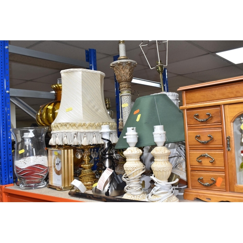 851 - A GROUP OF TWELVE LAMPS AND MISCELLANEOUS ITEMS to include a cane with a silver monogrammed handle m... 