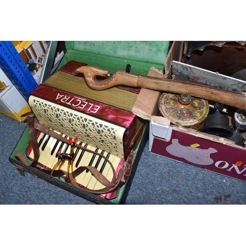 853 - ONE BOX AND LOOSE VINTAGE MISCELLANEOUS ITEMS to include a wooden handmade clock made from the prope... 