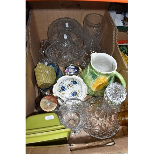 857 - TWO BOXES AND LOOSE MIXED CERAMICS AND GLASSWARE comprising two glass paperweights to include one ma... 