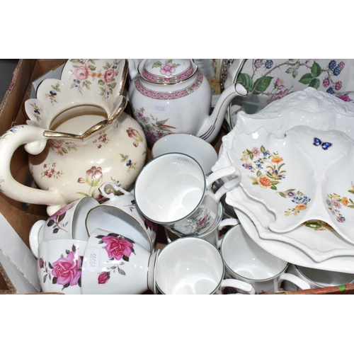 858 - TWO BOXES OF MIXED CERAMICS AND GLASS to include three Aynsley 'Cottage Garden' plates, a Royal Tusc... 