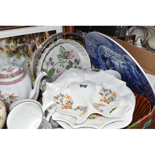 858 - TWO BOXES OF MIXED CERAMICS AND GLASS to include three Aynsley 'Cottage Garden' plates, a Royal Tusc... 