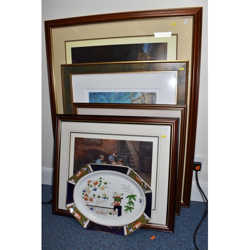 867 - A VINTAGE CHARGER AND SIX FRAMED PRINTS to include four limited edition David Shepherd prints compri... 