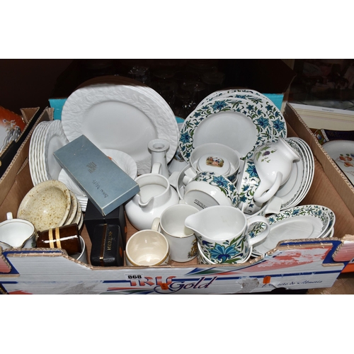 868 - THREE BOXES AND LOOSE CERAMICS AND GLASSWARE to include a quantity of Midwinter 'Spanish Garden' din... 