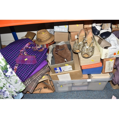 870 - SEVEN BOXES AND LOOSE VINTAGE LADIES CLOTHING, BAGS AND SHOES, to include 1960's/70's dresses, check... 