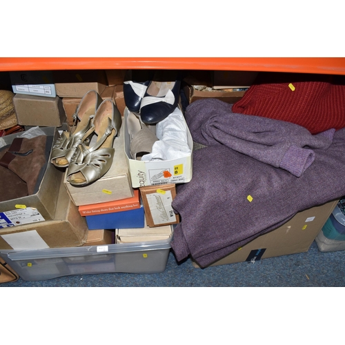 870 - SEVEN BOXES AND LOOSE VINTAGE LADIES CLOTHING, BAGS AND SHOES, to include 1960's/70's dresses, check... 