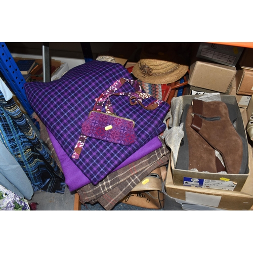 870 - SEVEN BOXES AND LOOSE VINTAGE LADIES CLOTHING, BAGS AND SHOES, to include 1960's/70's dresses, check... 