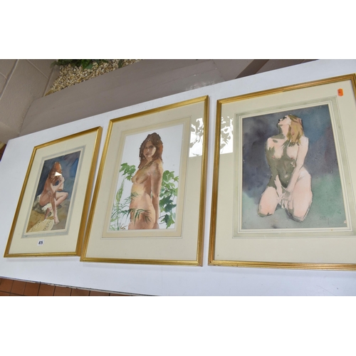 875 - OWEN RONALD OLLEY ( 1923-2017) THREE FEMALE FIGURE WATERCOLOUR STUDIES, comprising a nude kneeling f... 