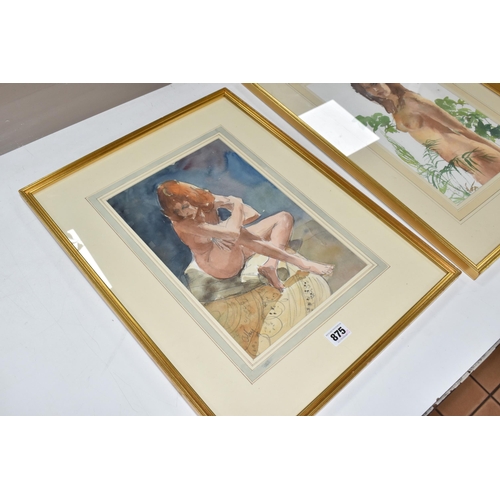 875 - OWEN RONALD OLLEY ( 1923-2017) THREE FEMALE FIGURE WATERCOLOUR STUDIES, comprising a nude kneeling f... 