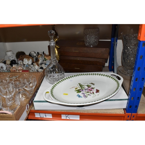 877 - THREE BOXES AND LOOSE CERAMICS, GLASS AND SUNDRIES, to include a boxed Portmeirion oval serving plat... 