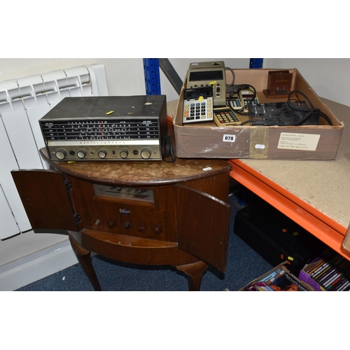 878 - ONE BOX AND LOOSE VINTAGE ELECTRICAL ITEMS, to include a mid-20th century Marconi corner radiogram, ... 