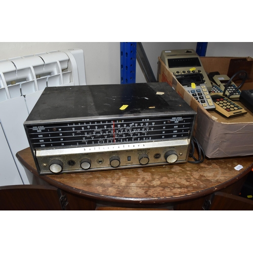 878 - ONE BOX AND LOOSE VINTAGE ELECTRICAL ITEMS, to include a mid-20th century Marconi corner radiogram, ... 