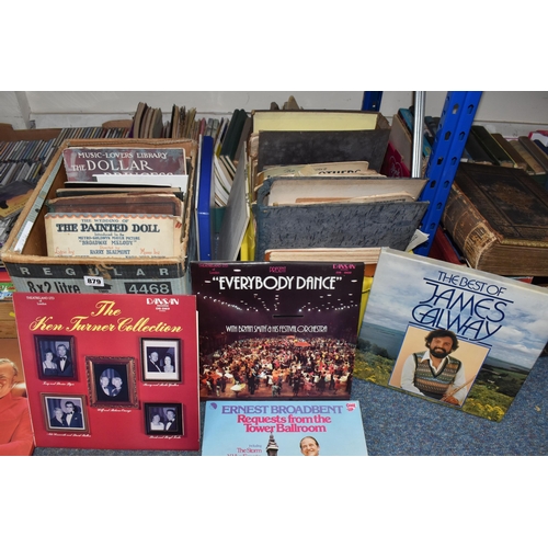 879 - FIVE BOXES AND LOOSE MUSIC RELATED ITEMS, to include over fifty CDs, music includes classical, brass... 