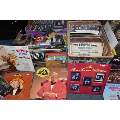 879 - FIVE BOXES AND LOOSE MUSIC RELATED ITEMS, to include over fifty CDs, music includes classical, brass... 