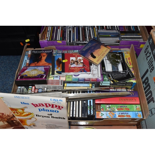 879 - FIVE BOXES AND LOOSE MUSIC RELATED ITEMS, to include over fifty CDs, music includes classical, brass... 