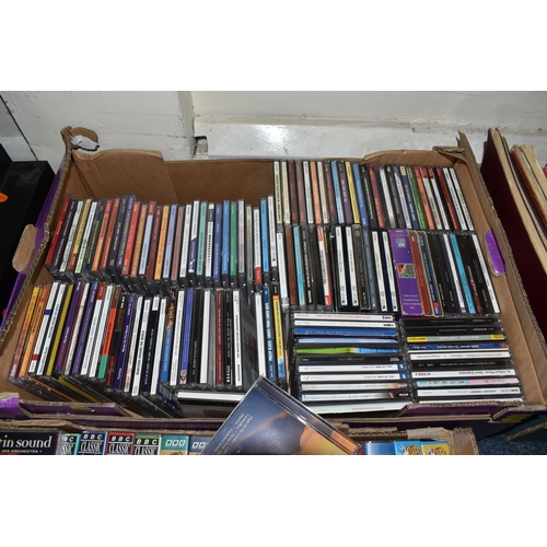 879 - FIVE BOXES AND LOOSE MUSIC RELATED ITEMS, to include over fifty CDs, music includes classical, brass... 