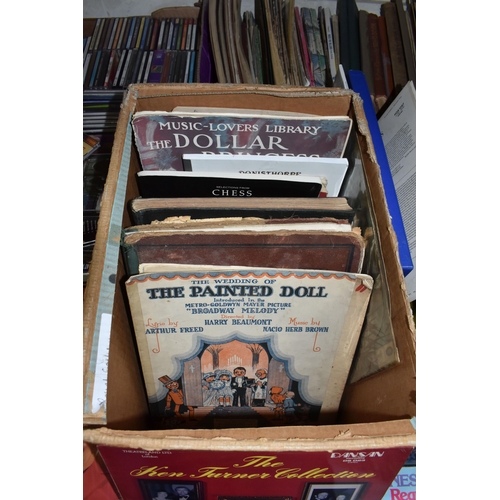 879 - FIVE BOXES AND LOOSE MUSIC RELATED ITEMS, to include over fifty CDs, music includes classical, brass... 