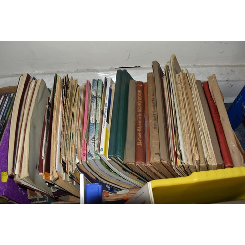 879 - FIVE BOXES AND LOOSE MUSIC RELATED ITEMS, to include over fifty CDs, music includes classical, brass... 