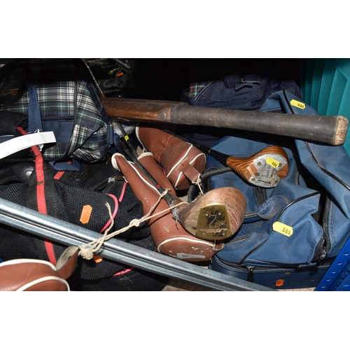 886 - A GROUP OF SPORTING EQUIPMENT, to include three golf clubs: Wilson Blue Ridge woods no 1 and 4, and ... 