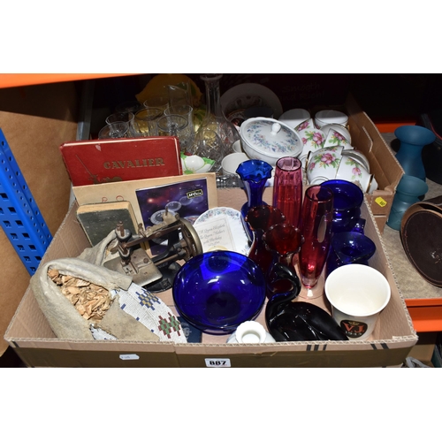 887 - TWO BOXES AND LOOSE CERAMICS, GLASS AND SUNDRY ITEMS, to include two Bath Aqua Glass vases, tallest ... 