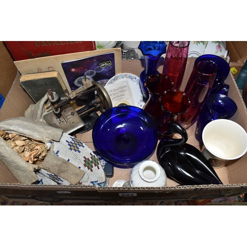 887 - TWO BOXES AND LOOSE CERAMICS, GLASS AND SUNDRY ITEMS, to include two Bath Aqua Glass vases, tallest ... 