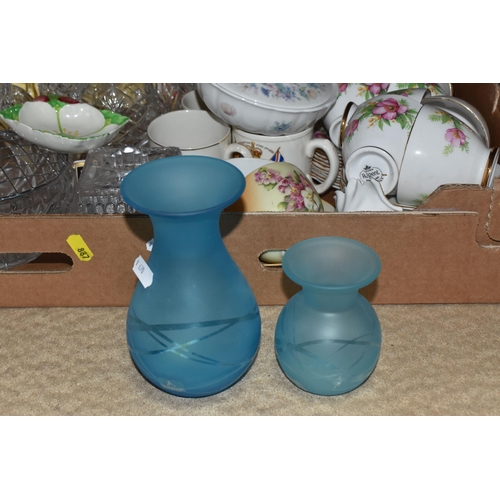 887 - TWO BOXES AND LOOSE CERAMICS, GLASS AND SUNDRY ITEMS, to include two Bath Aqua Glass vases, tallest ... 